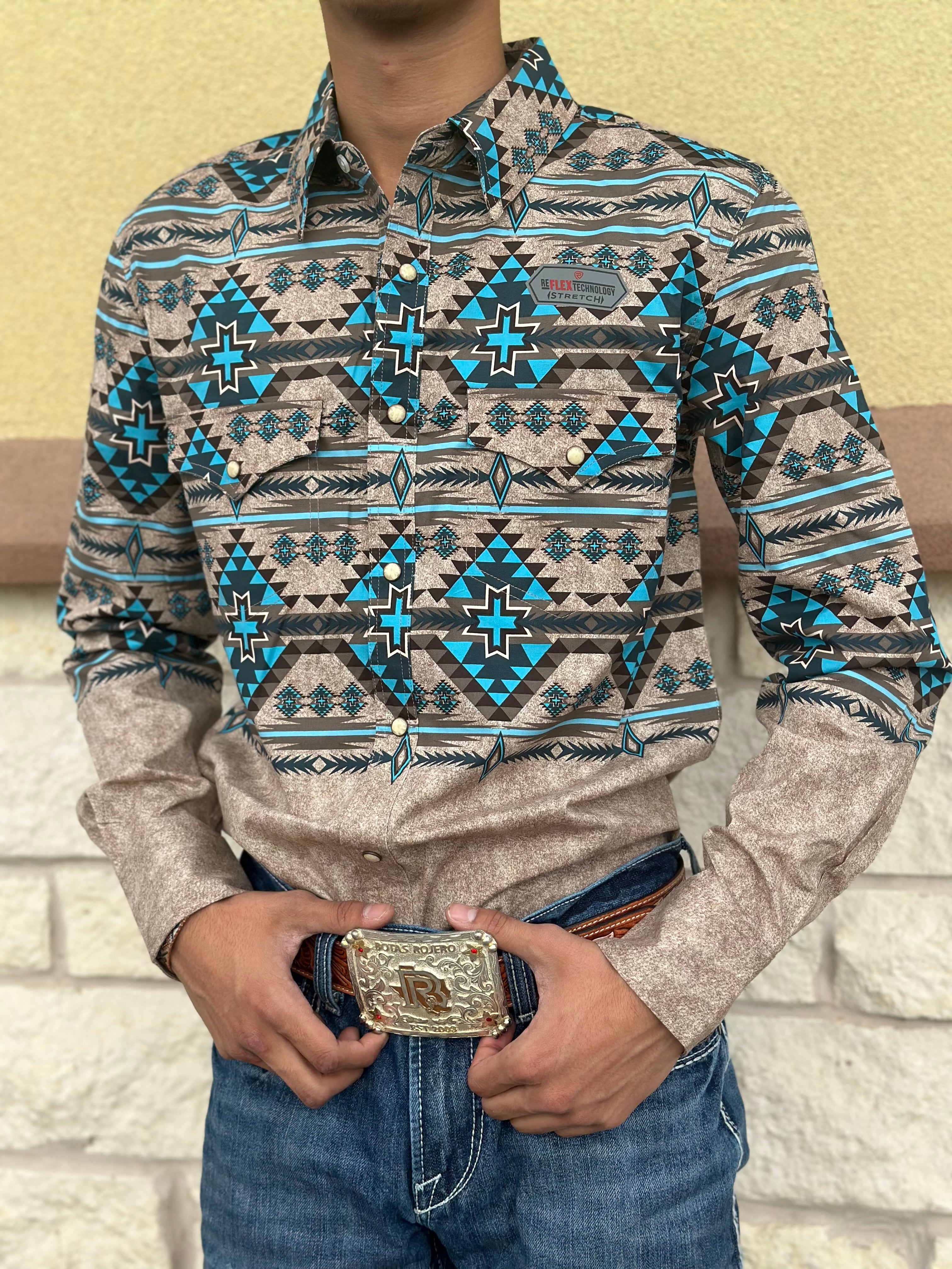 Men’s rock & roll long sleeve 2pkt border woven snap taupe shirt | BMN2S02174