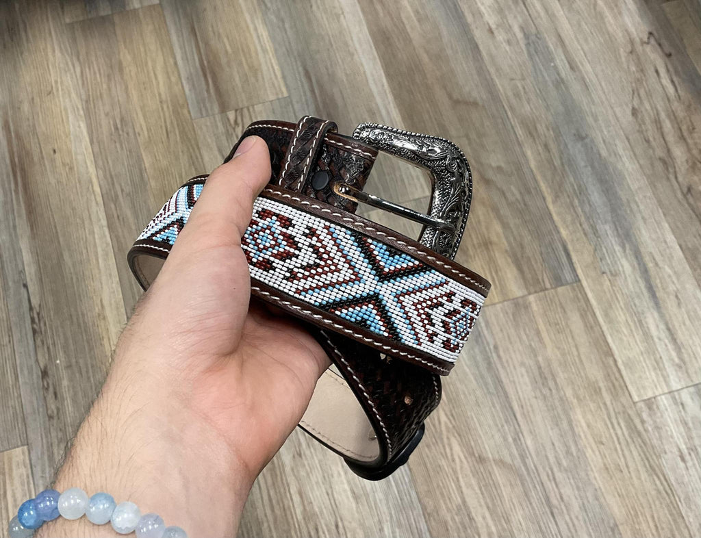 “JOHN”| IRON SPUR ™️ MEN BEADED WESTERN BELT MULTI BLUE