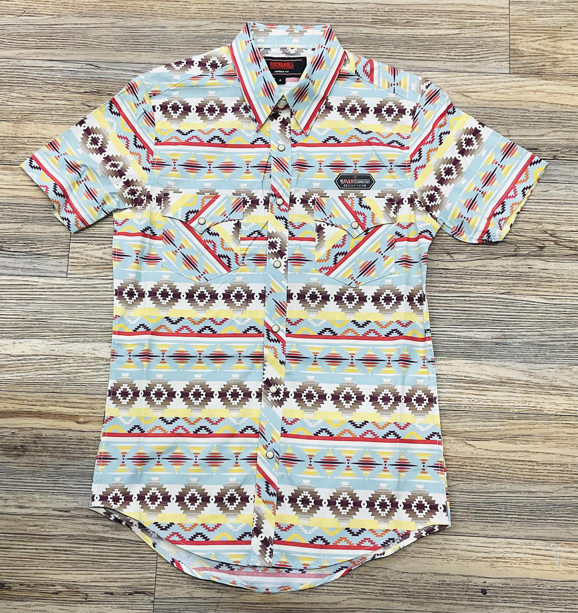 Men’s Rock & Roll Aquamarine Aztec print Short Sleeve shirt |BMN3S05849