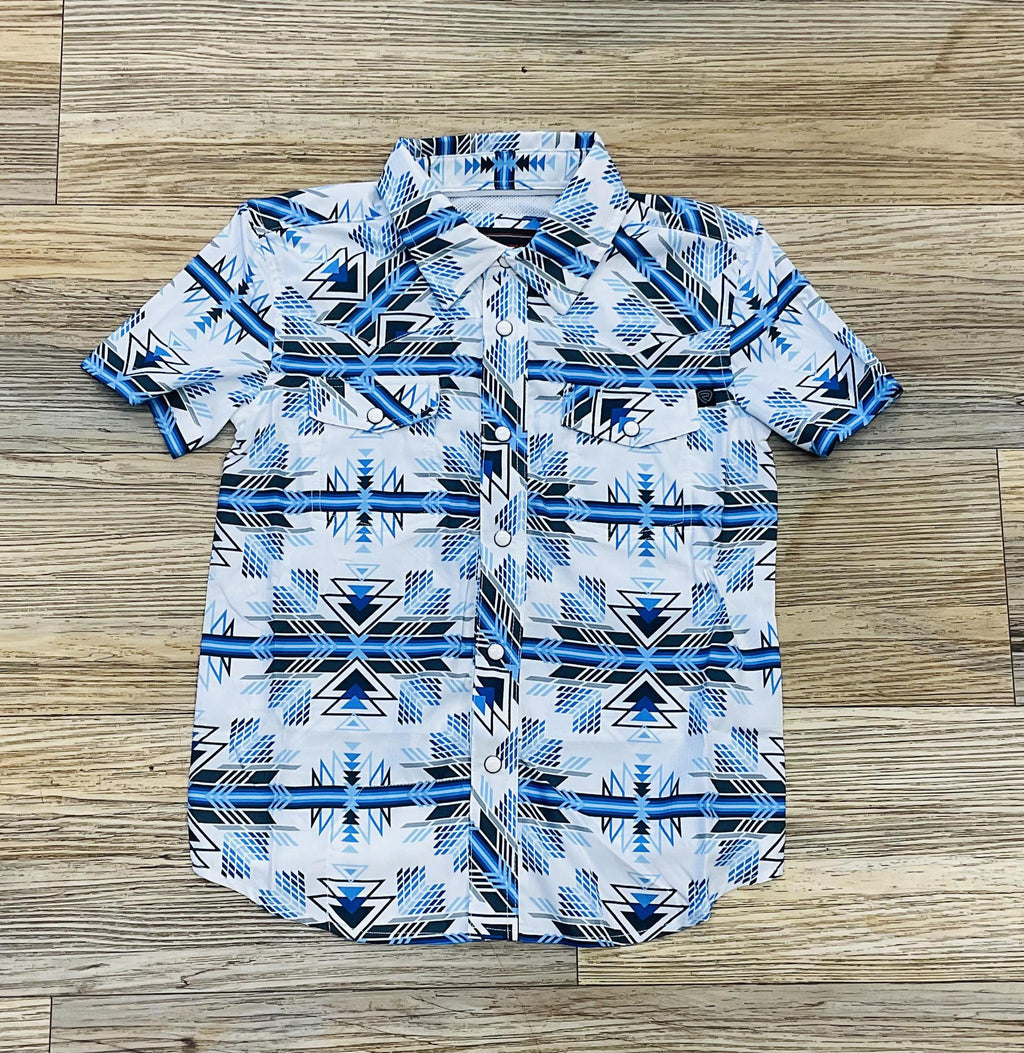 Boys Rock & Roll Tek short sleeve 2pkt Aztec snap blue shirt | BBN3S04218