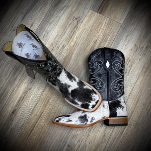 “ LUKE “ | COWHIDE WESTERN BOOTS WHITE BLACK SQUARE TOE