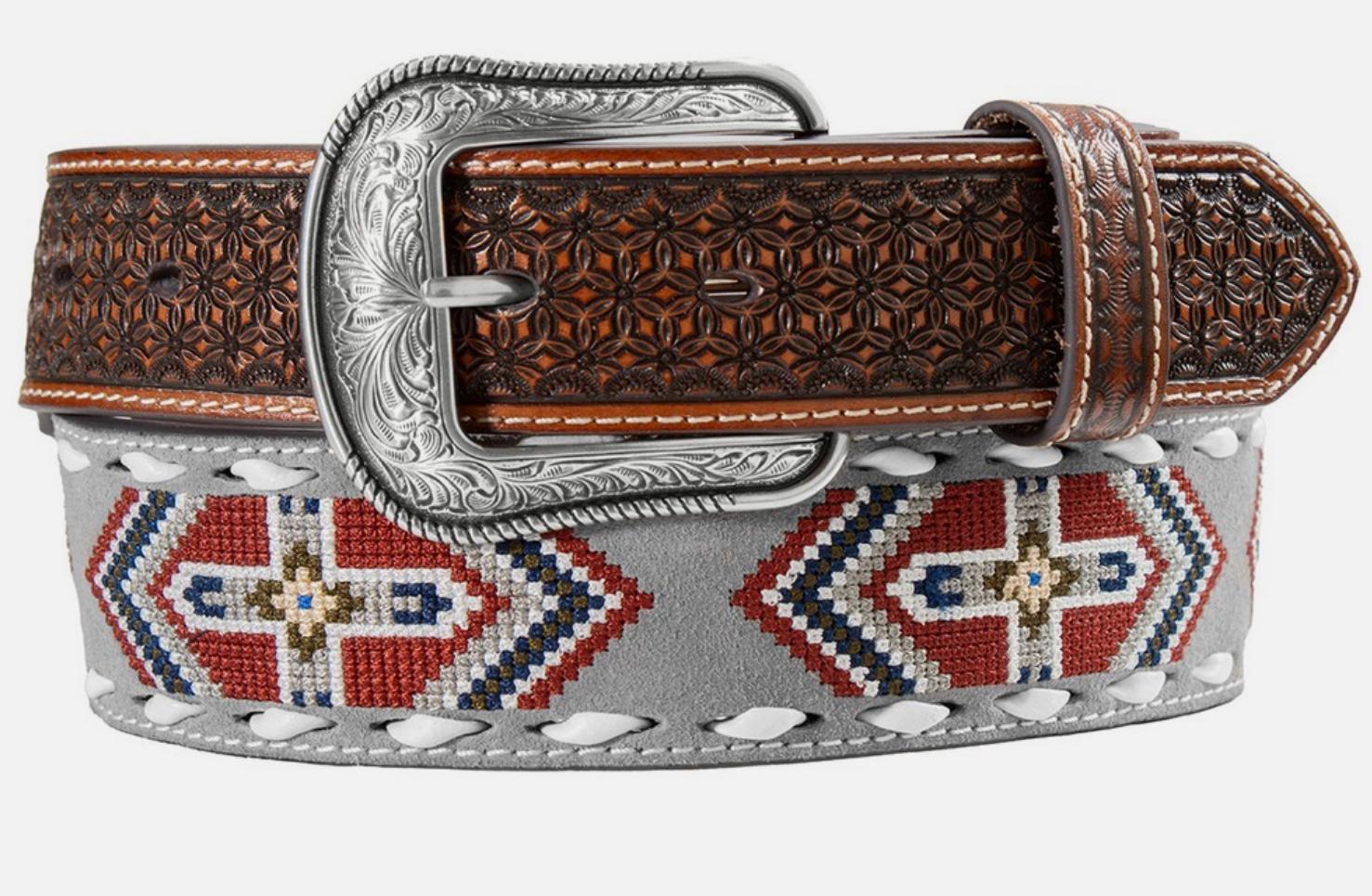 3D Western Belt Mens Cross Embroidered Patch Leather Gray |D100020106