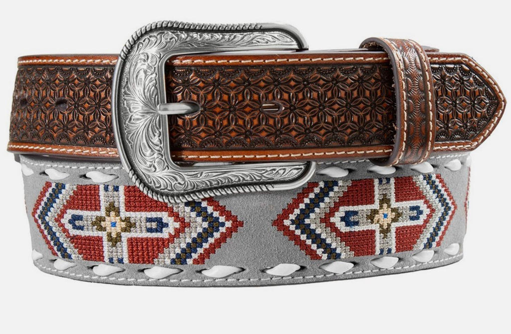 3D Western Belt Mens Cross Embroidered Patch Leather Gray |D100020106