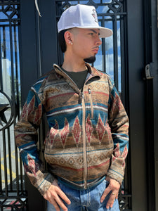 MENS ARIAT OXFORD TAN SOUTHWEST PRINT CALDWELL FULL ZIPPER SWEATER | 10052818