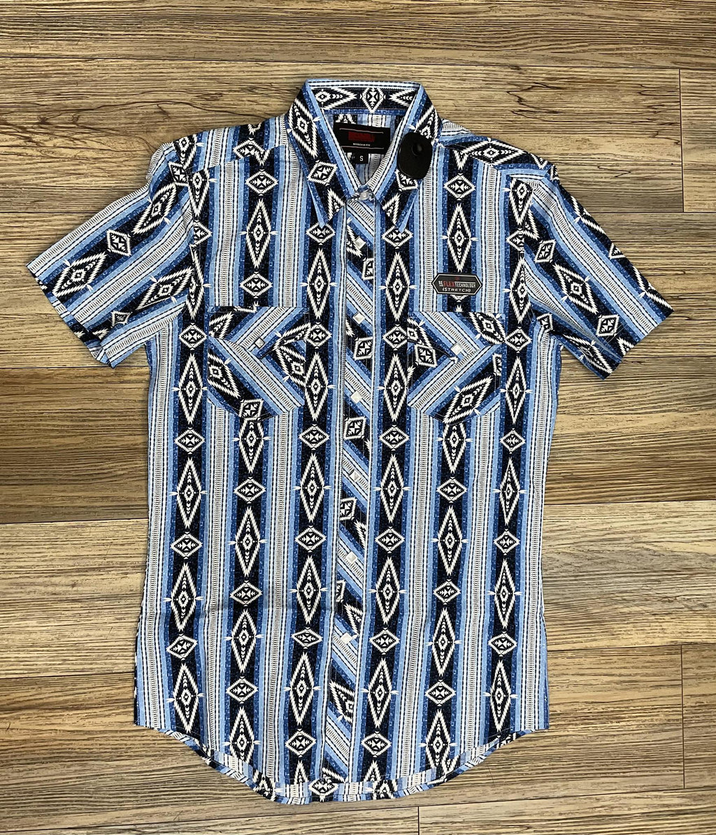 ‘’LEONARD’’ MEN’S ROCK & ROLL BLUE AZTEC PRINT SHORT SLEEVE SHIRT |BMN3S06491