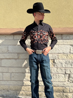 Rock & Roll Denim Men's Black Skull Aztec Border Long Sleeve Shirt |SMN2S06048