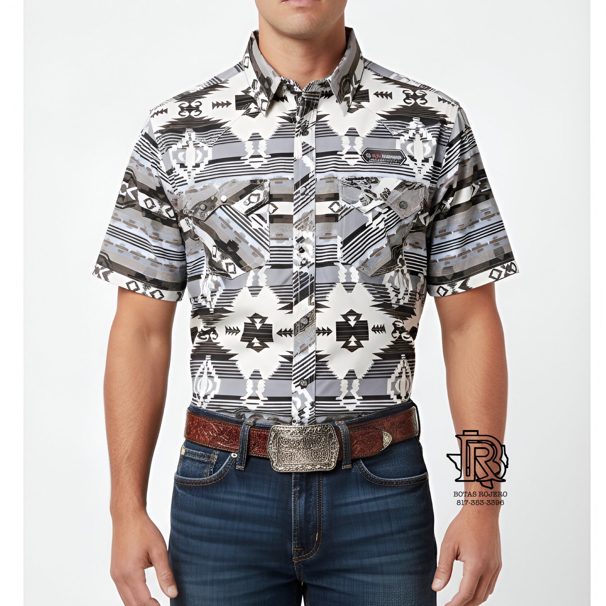 ‘’Zander’’ Men’s Rock & Roll Grey Aztec Print Short Sleeve Shirt| BMN3S07158