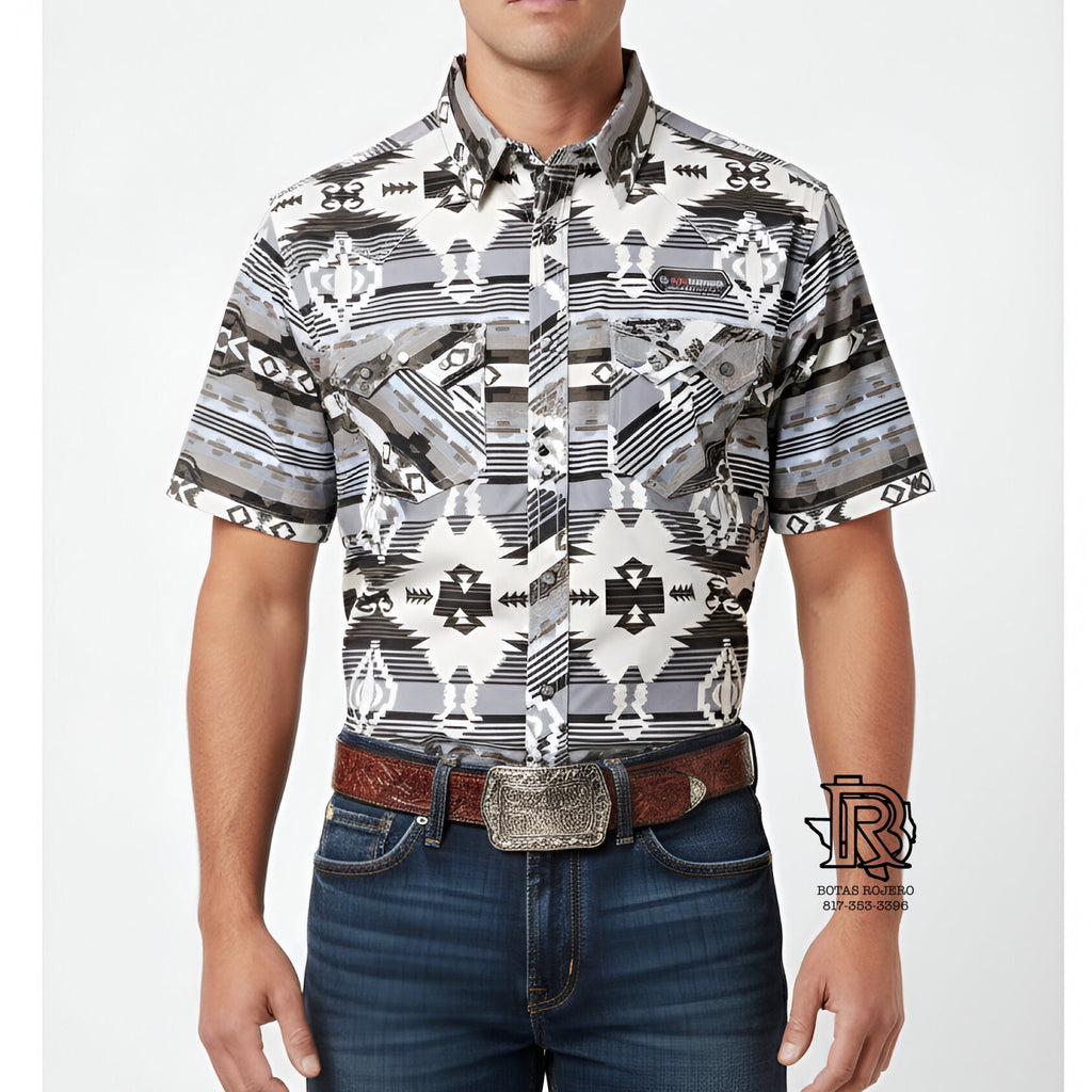 ‘’Zander’’ Men’s Rock & Roll Grey Aztec Print Short Sleeve Shirt| BMN3S07158