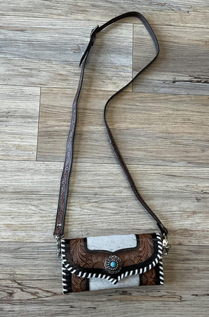 ‘’ALICE ’’ BROWN COWHIDE TOOLED CROSSBODY PURSE
