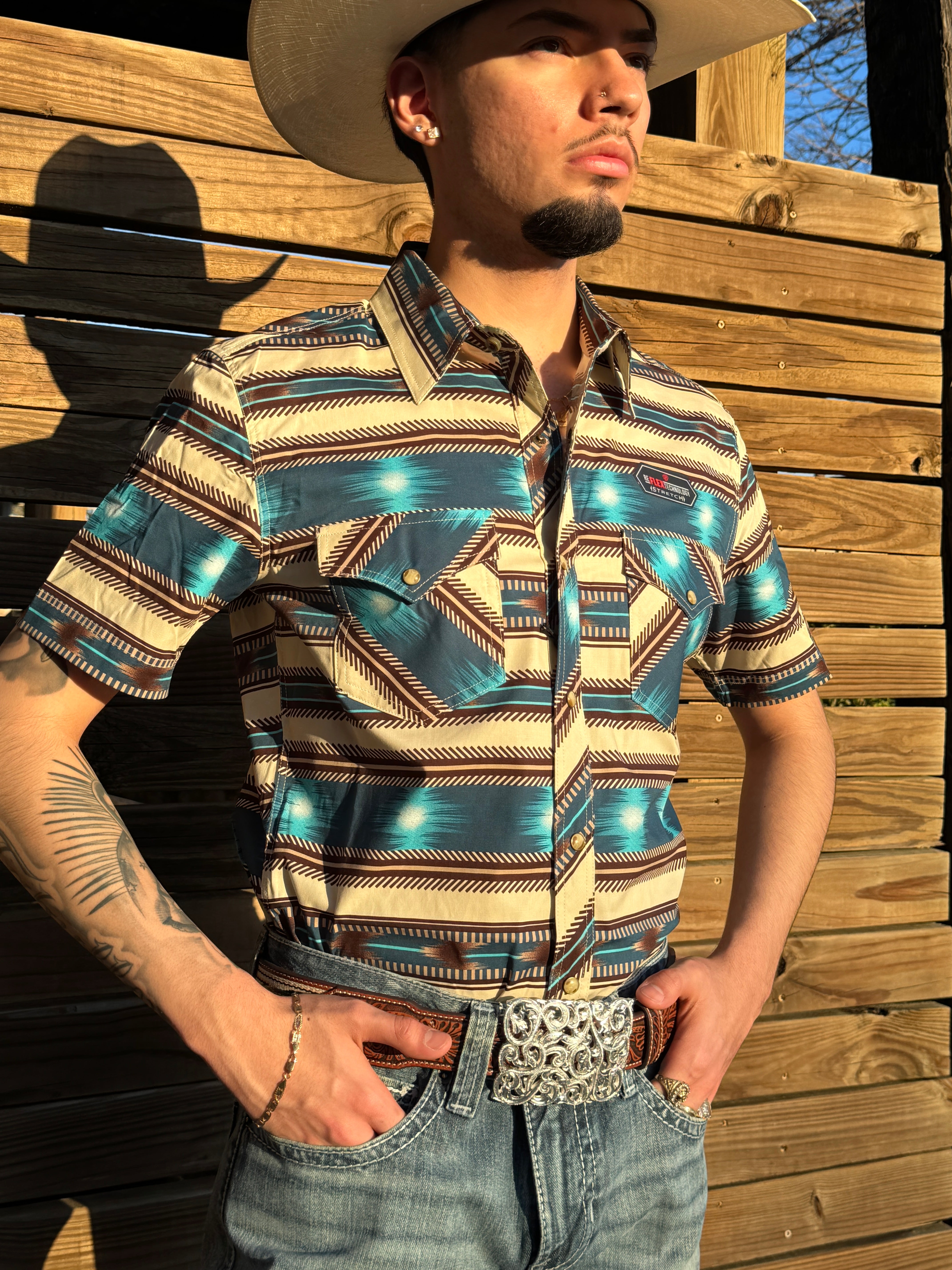 MENS ROCK & ROLL BRIGHT TURQUOISE AZTEC STRIPE PRINT SHORT SLEEVE SHIRT | BMN3S05854