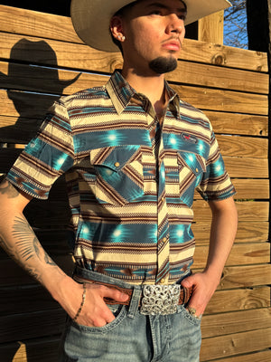 MENS ROCK & ROLL BRIGHT TURQUOISE AZTEC STRIPE PRINT SHORT SLEEVE SHIRT | BMN3S05854