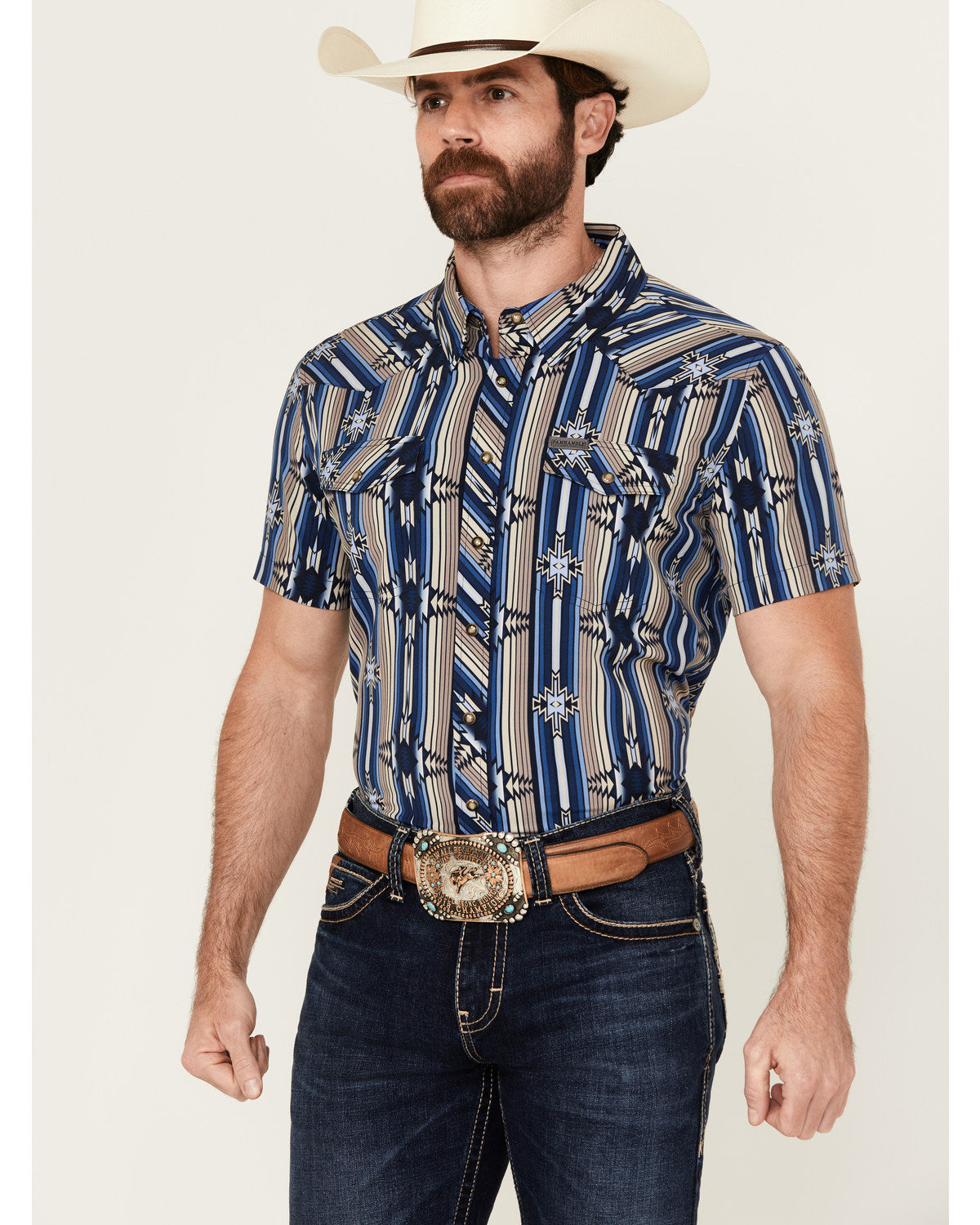 Mens Rock & Roll short sleeve aztec woven blue shirt | TMN3S04294