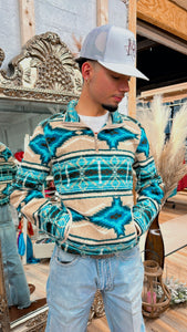 ‘’RIOS’’ Rock & Roll Cowboy Men's Aztec Berber Pullover - Turquoise | BM91C01938