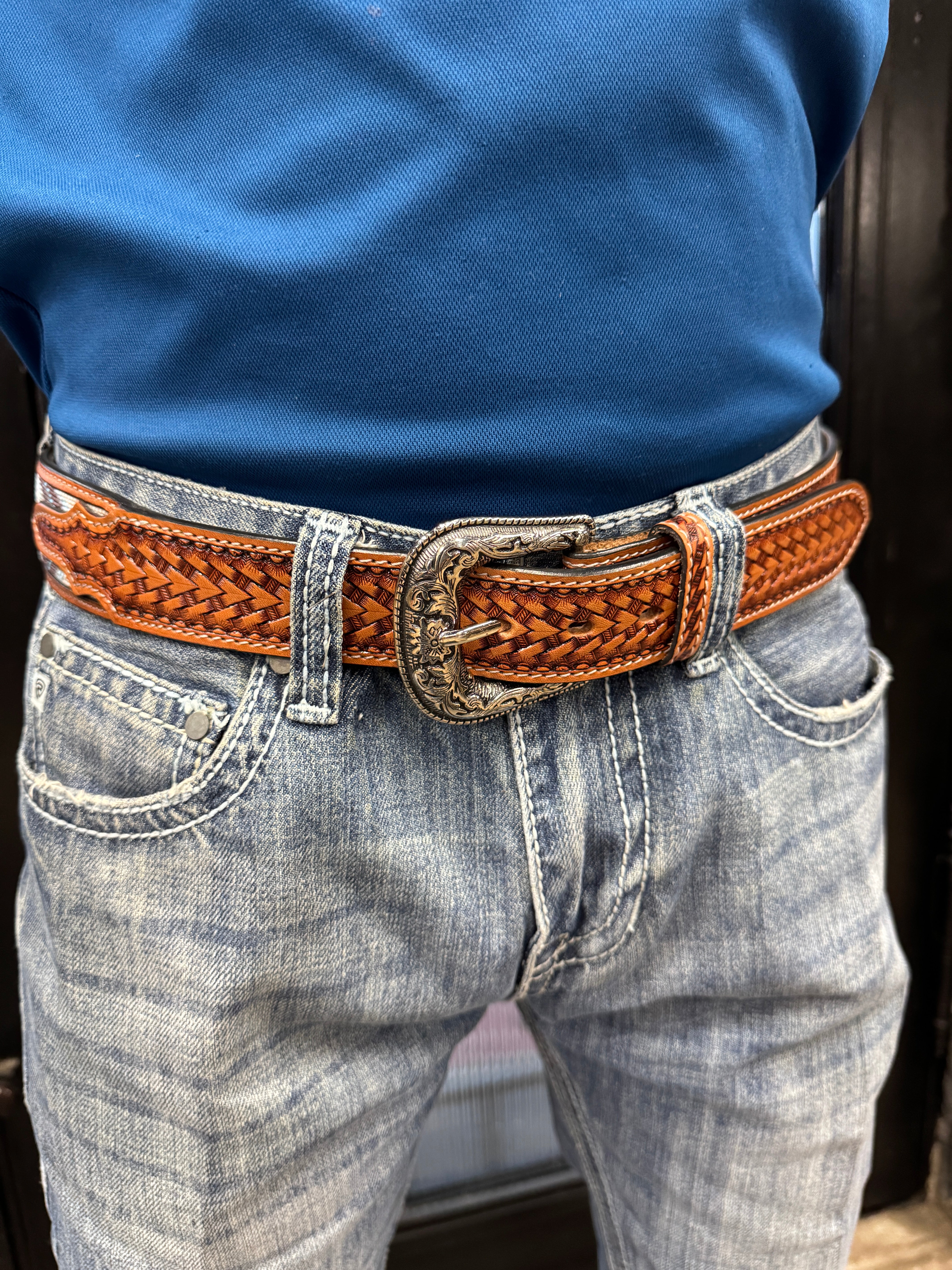 “ FABIAN “ | MEN WESTERN BEADED BELT LIGHT BLUE