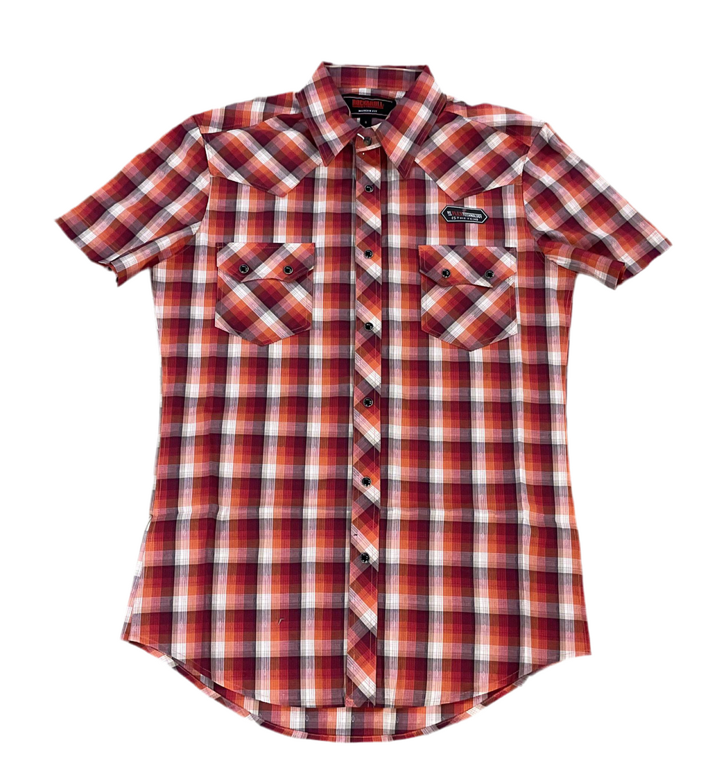 MEN’S ROCK & ROLL MODERN FIT RED PLAID DOBBY SHORT SLEEVE SNAP SHIRT |BMN3S05864