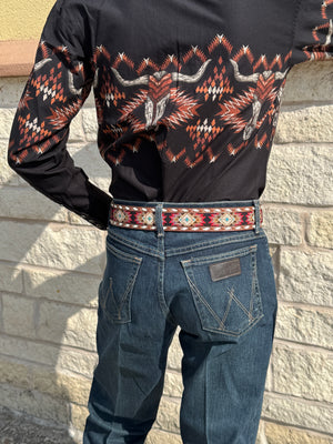 Rock & Roll Denim Men's Black Skull Aztec Border Long Sleeve Shirt |SMN2S06048