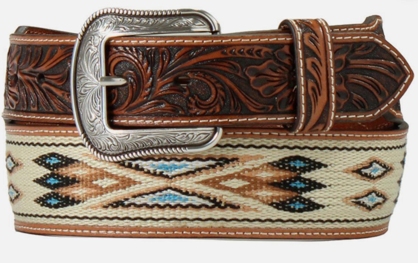 ‘’IZACK’’ 3D WESTERN BELT LEATHER TAPERED WOVEN INLAY TAN | D100017708