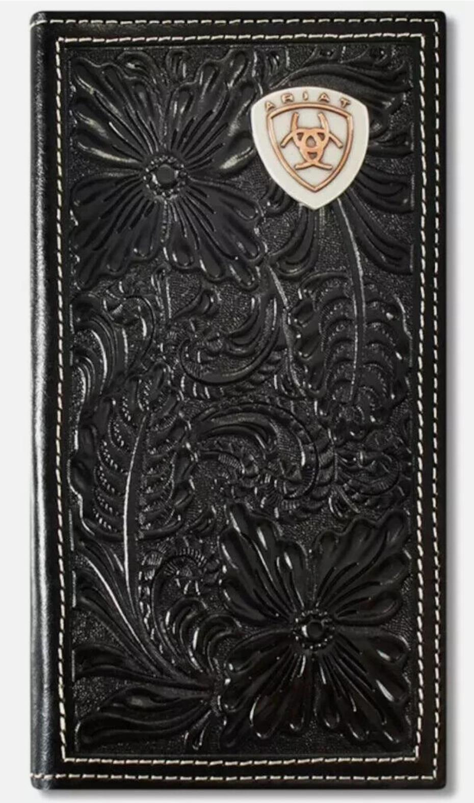 Ariat Western Mens Wallet Rodeo Leather Embossed Floral Concho Black |A3559701