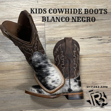 “ BLACK WHITE “ | KIDS  WESTERN COWHIDE SQUARE TOE BOOTS
