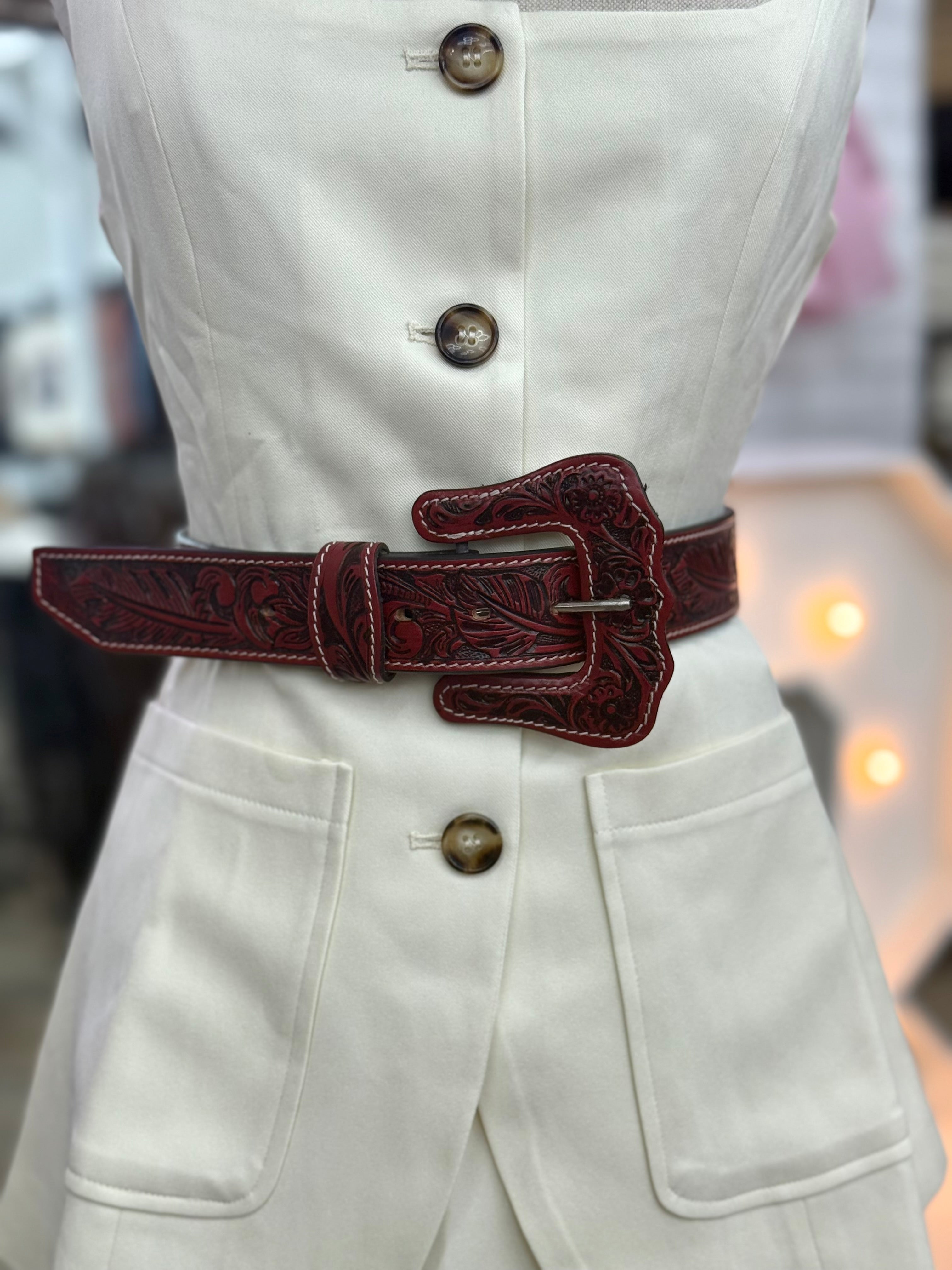 ‘’ HEATHER ’’ WOMENS TOOLED BURGENDY  BELT