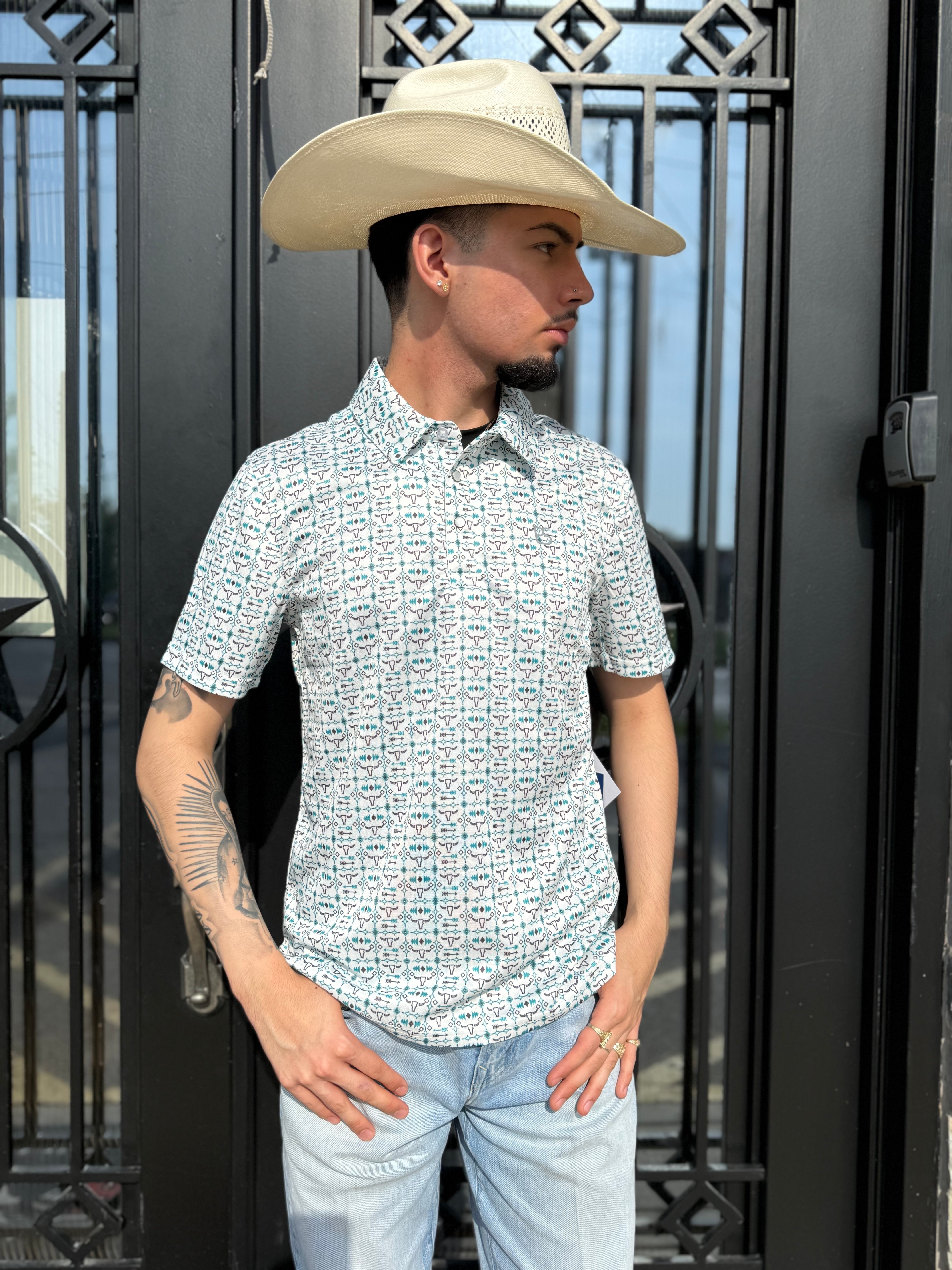 ‘’MATEO’’ MENS PANHANDLE TURQUOISE SNAP POLO |TM51T06521