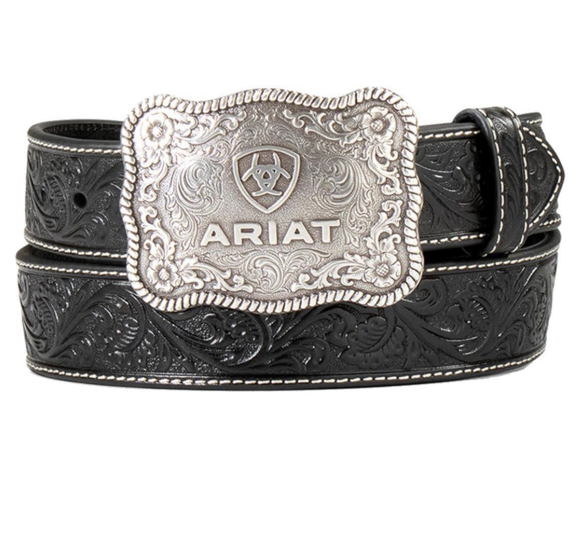 Ariat Western Mens Belt Leather Floral Embossed Black  | A1020401
