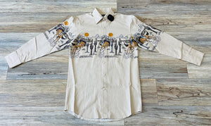 Mens Rock & Roll long sleeve 2pkt bronc border tan shirt | SMN2S03217