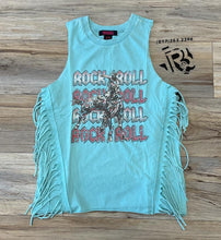 Load image into Gallery viewer, Women’s fringe tank with graphic turquoise rock &amp; roll | BW20T02058