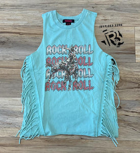 Women’s fringe tank with graphic turquoise rock & roll | BW20T02058