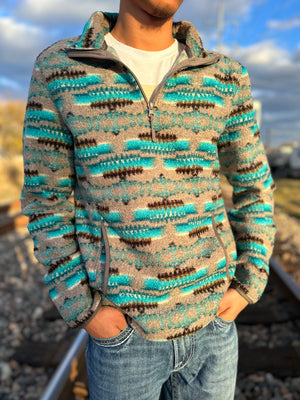 ROCK & ROLL MENS AZTEC PRINT TEAL PULLOVER | BM91C02293