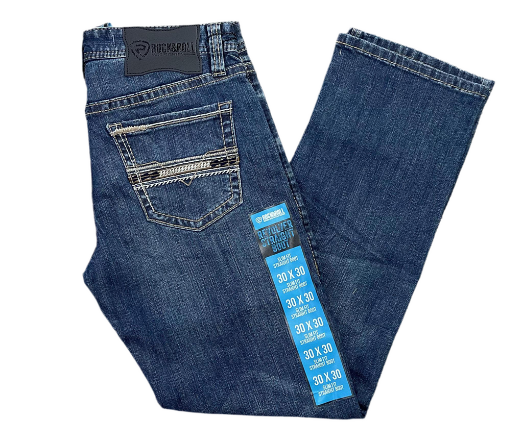 MENS ROCK & ROLL LEATHER EMB REVOLVER MEDIUM WASH JEANS | BM1RD05574 BLUE LEVAL