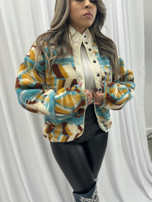 ROCK & ROLL DENIM WOMEN'S ABSTRACT SHERPA JACKET |BW92C02115