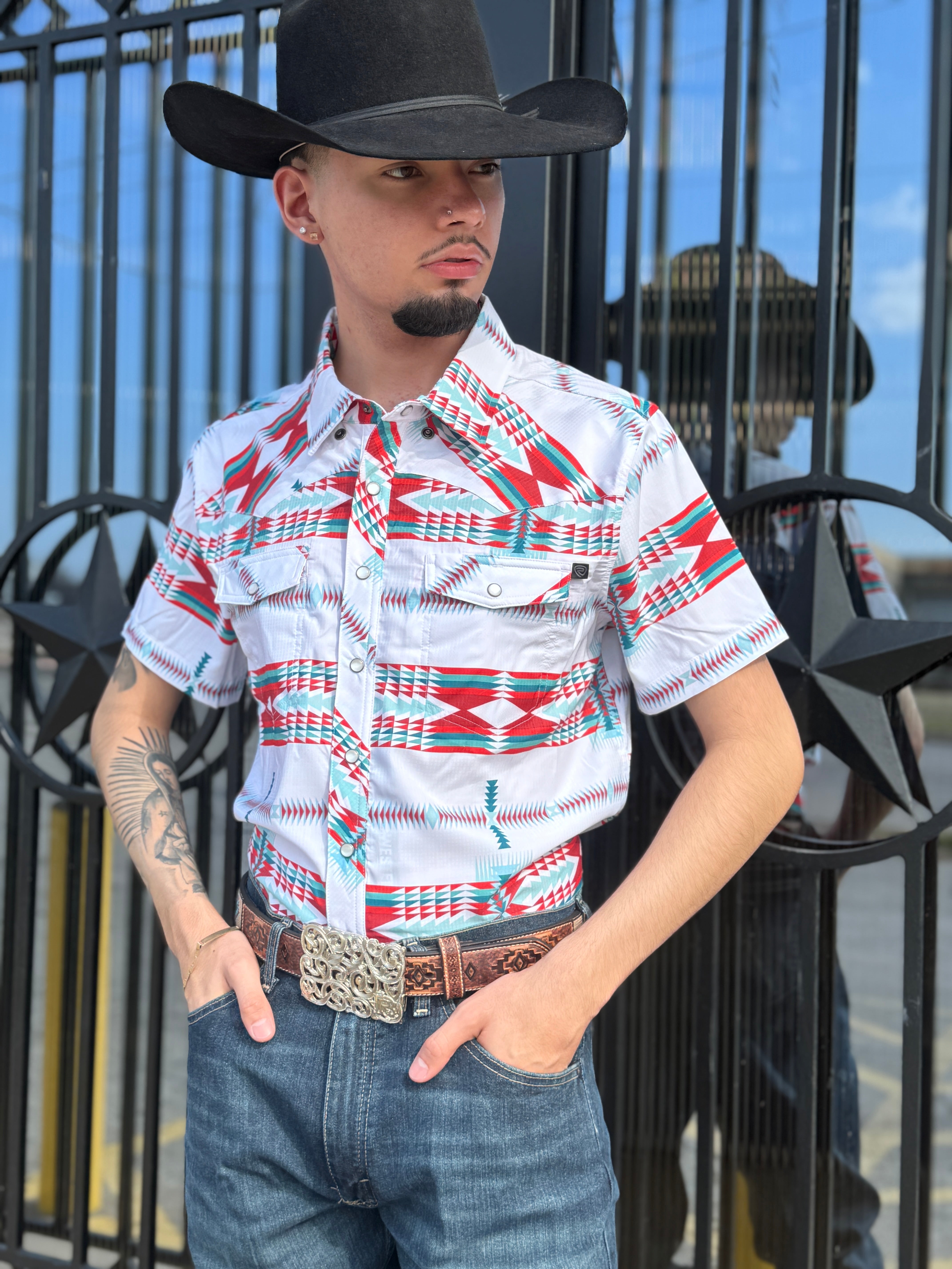 MENS ROCK & ROLL TEK WHITE AZTEC PRINT SHORT SLEEVE | BMN3S05960