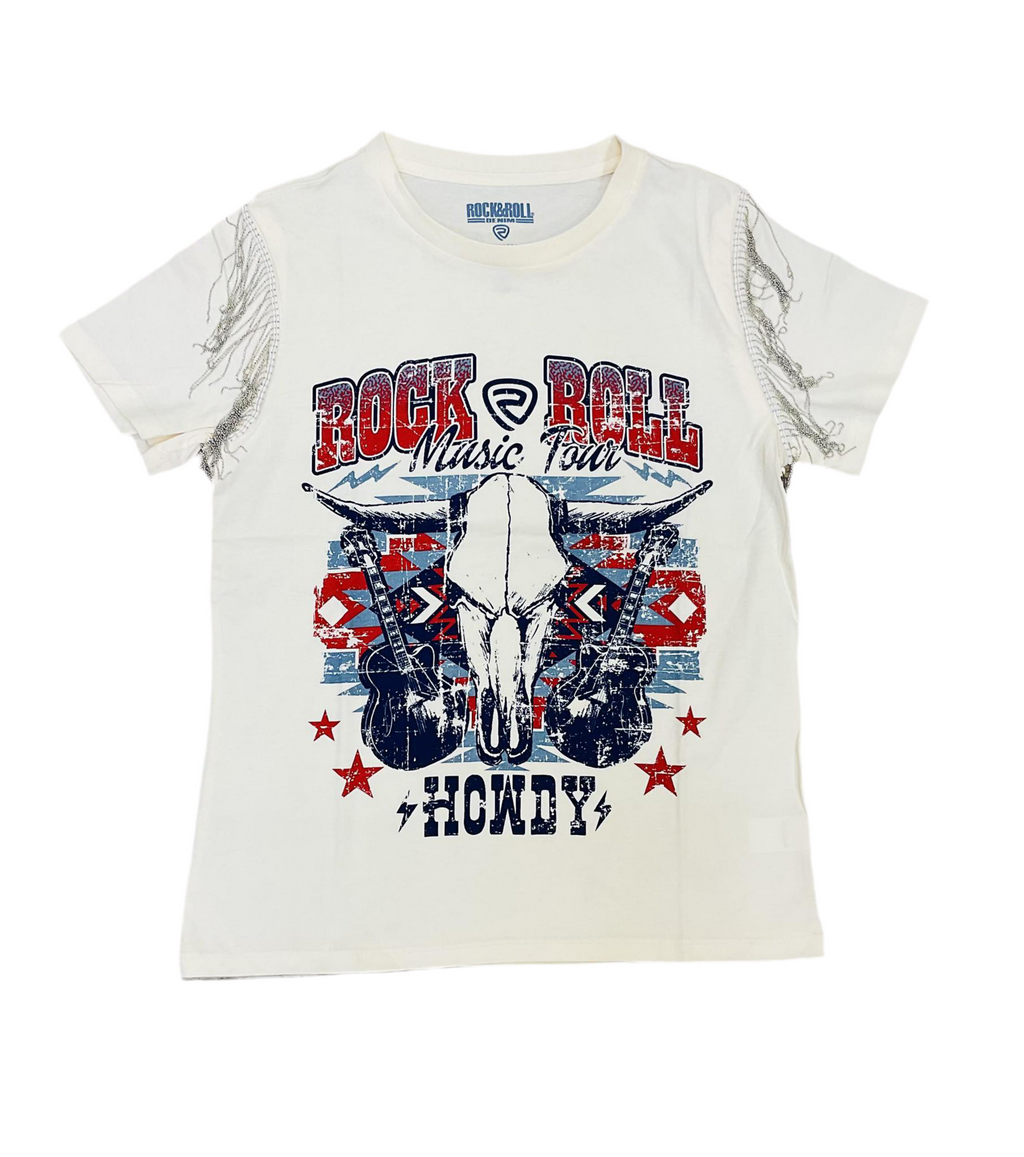 WOMEN’S ROCK & ROLL OFF WHITE CHAIN FRINGE GRAPHIC TEE |BW21T06444