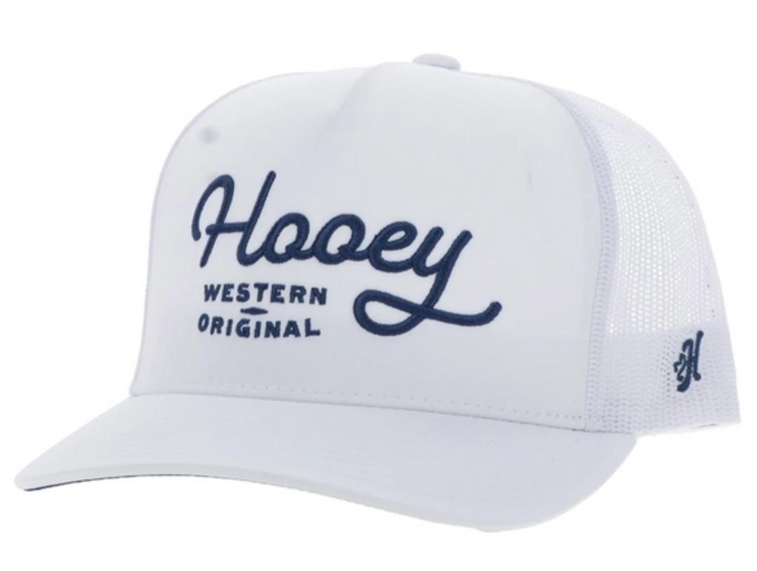 ‘’JASON’’ HOOEY OG WHITE 5 PANEL TRUCKER WITH BLUE STITCHING | 2560T-WH