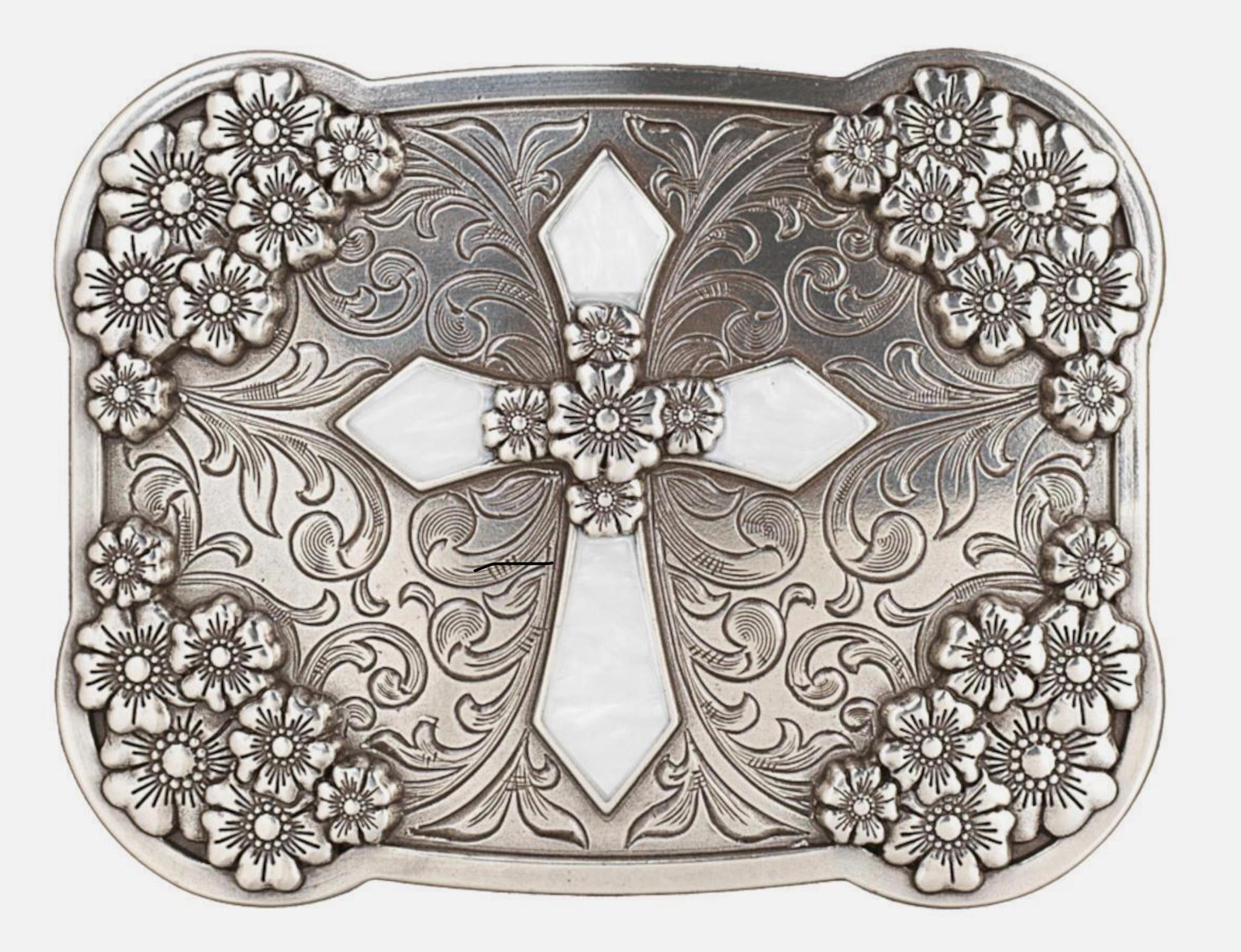 Nocona Western Womens Rectangle Belt Buckle Cross Floral Silver |37928