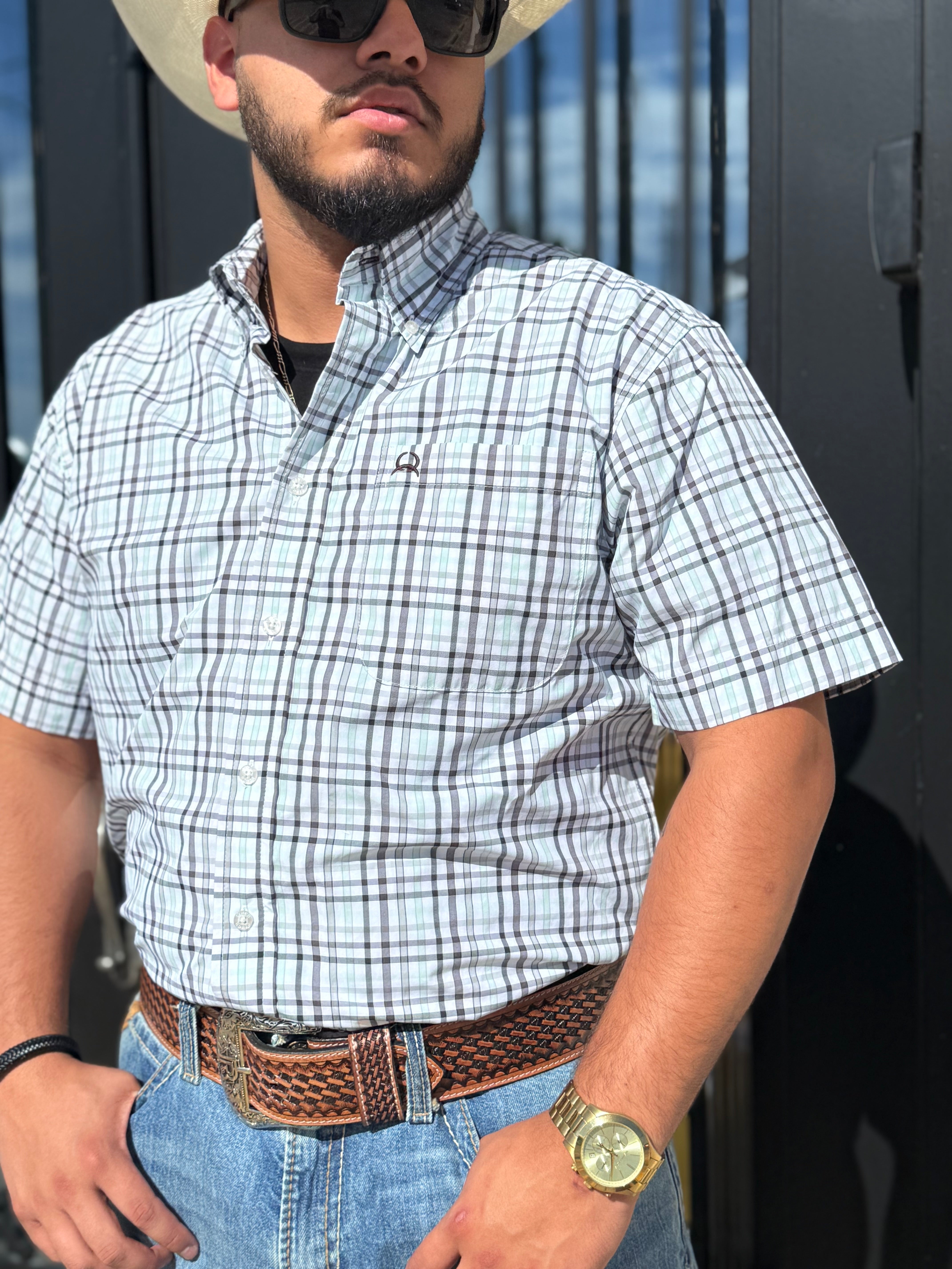 CINCH MENS SHORT SLEEVE WHITE PLAID ARENAFLEX  | MTW1704160