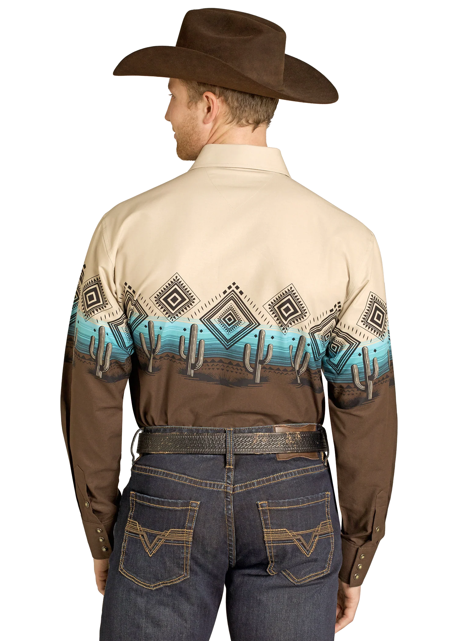 ROCK & ROLL MEN’S DARK BROWN AZTECK CACTUS LONG SLEEVE SNAP SHIRT | SMN2S07680