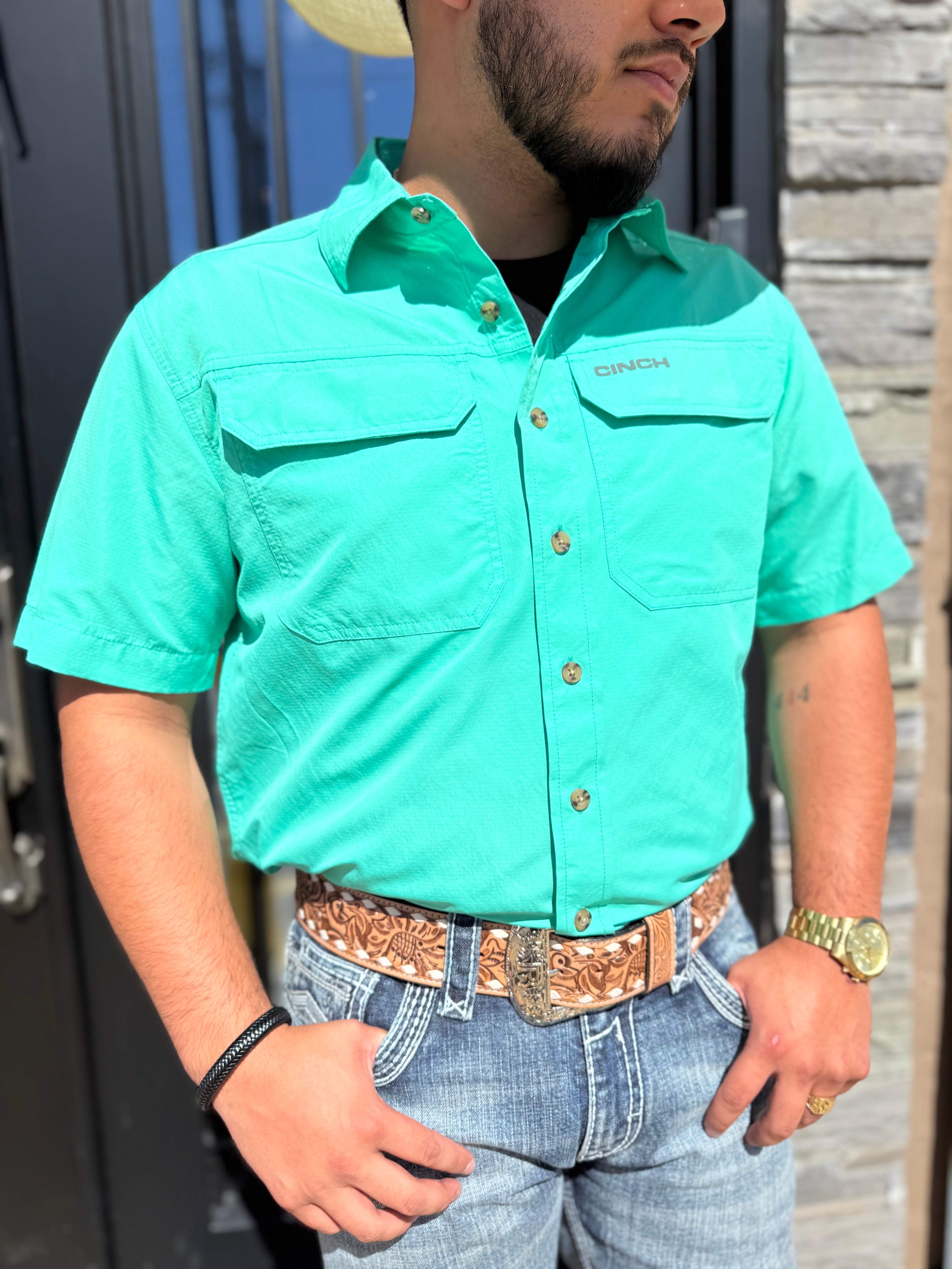 MEN’S CINCH ARENAFLEX SOLID TURQUOISE SHORT SLEEVE SHIRT |MTW1723001