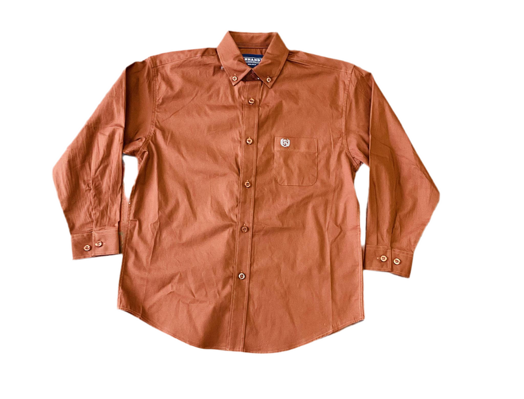 BOYS SOLID STRETCH POPLIN RUST PANHANDLE LONG SLEEVE SHRT |PSBSODRZ2N2