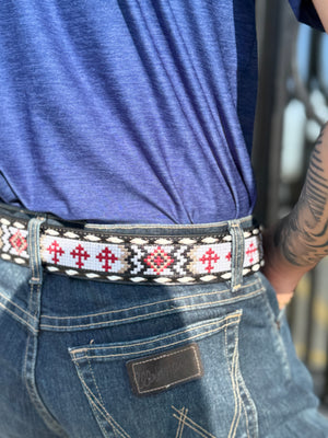 “ RED CROSSED ”  | MEN SOUTHERN WESTERN BEADED COWBOY BELT D100012601