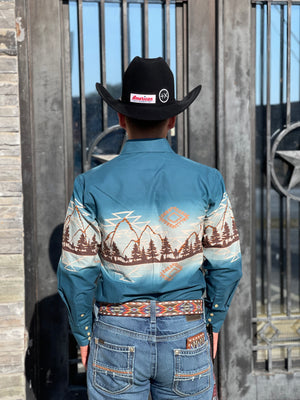 Mens long sleeve Aztec mountain borders snap shirt | SMN2S02455