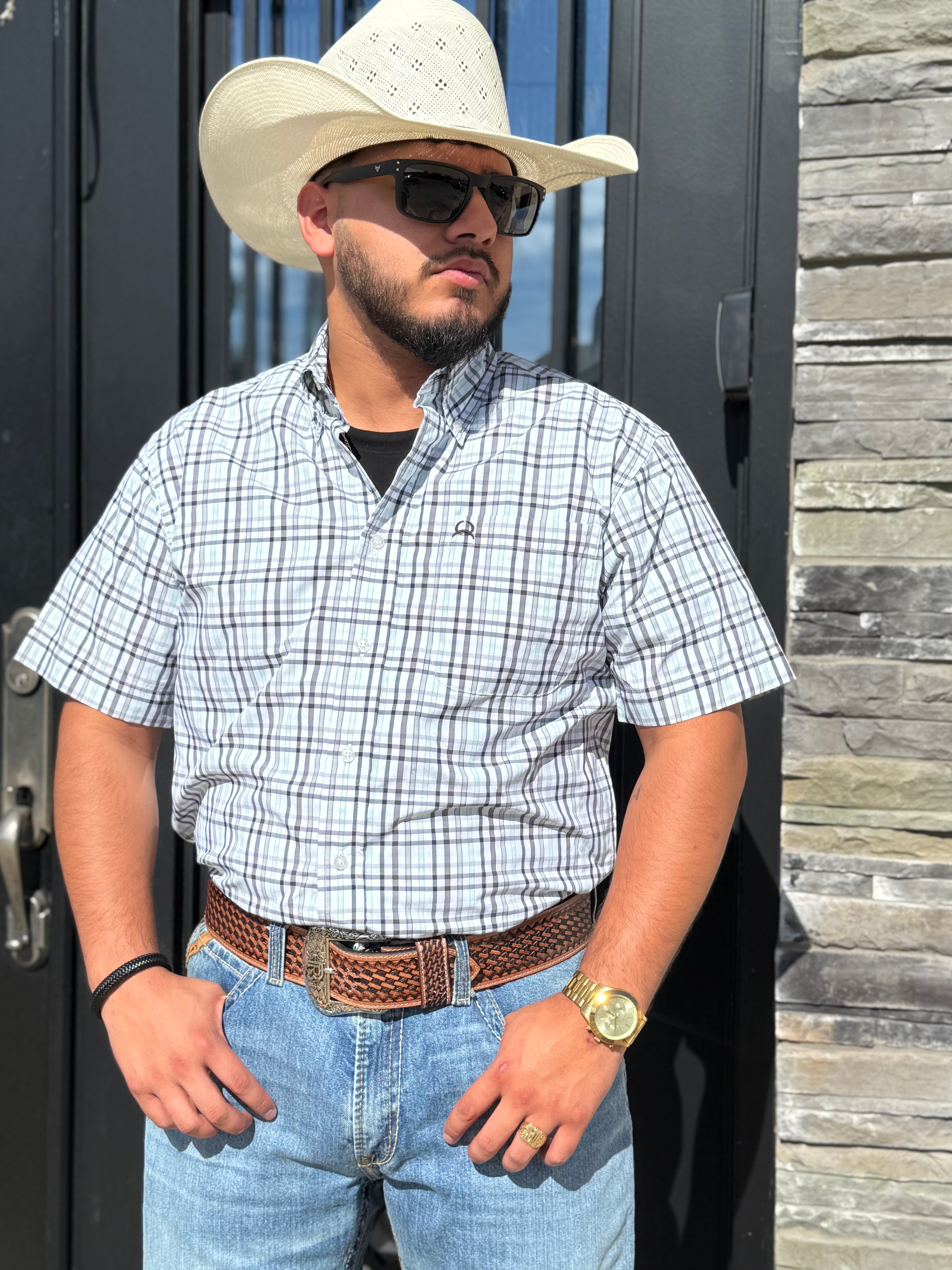 CINCH MENS SHORT SLEEVE WHITE PLAID ARENAFLEX  | MTW1704160