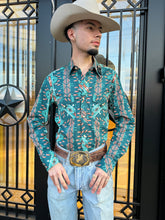 Load image into Gallery viewer, Mens long sleeve 2pkt Aztec woven snap turquoise shirt | BMN2S02151