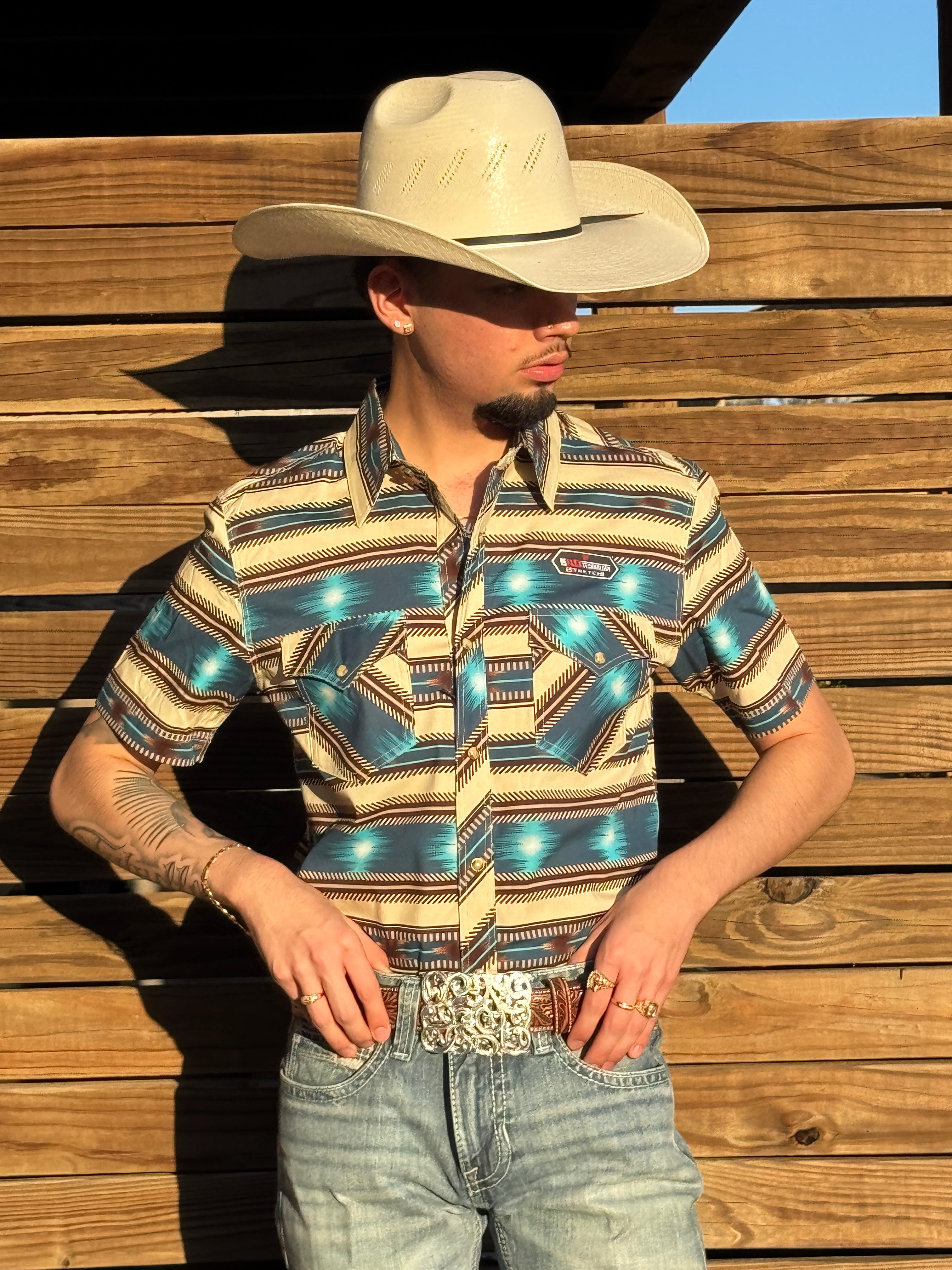 MENS ROCK & ROLL BRIGHT TURQUOISE AZTEC STRIPE PRINT SHORT SLEEVE SHIRT | BMN3S05854
