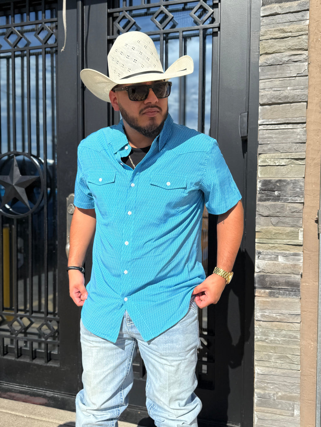 ‘’GIOVANNY’’ MEN’S PANHANDLE  BLUE SHORT SLEEVE SHIRT |TMB3S06653