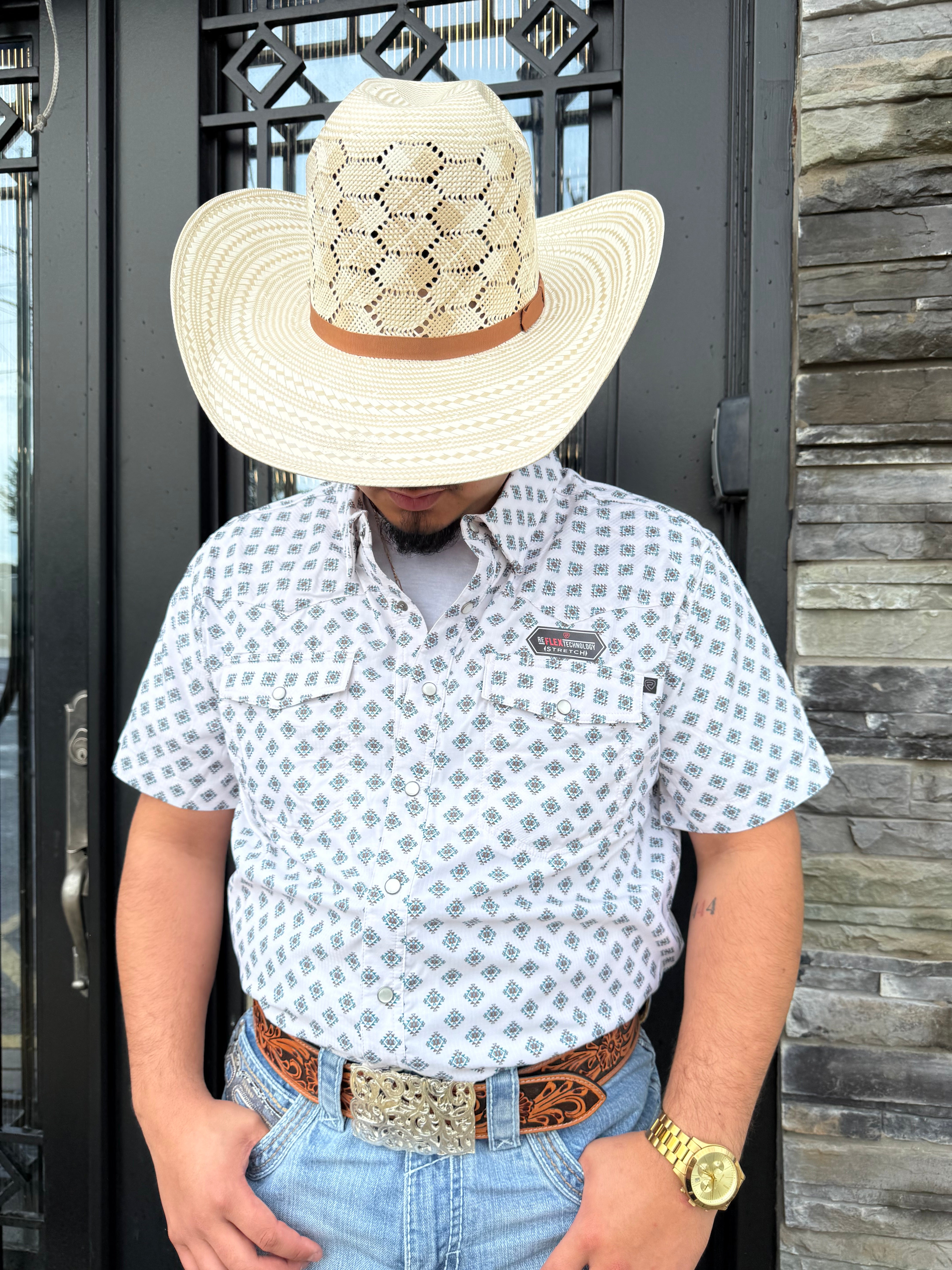 ‘’JOHN’’ MEN’S NATURAL GEO PRINT TEK SHORT SLEEVE SNAP SHIRT | BMN3S06424