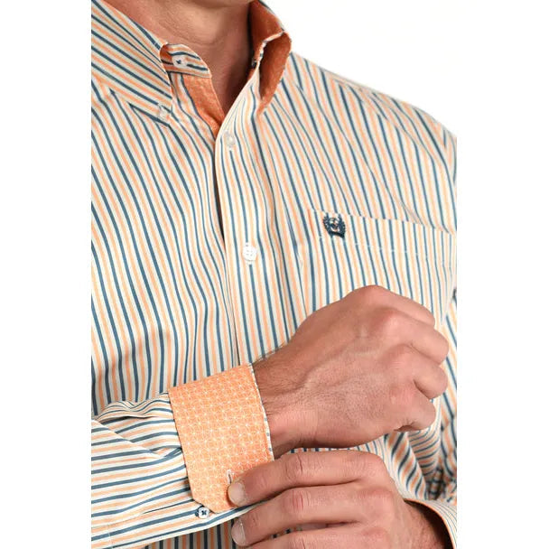 Men's Cinch Cream Stripe Print Long Sleeve Shirt |MTW1105963