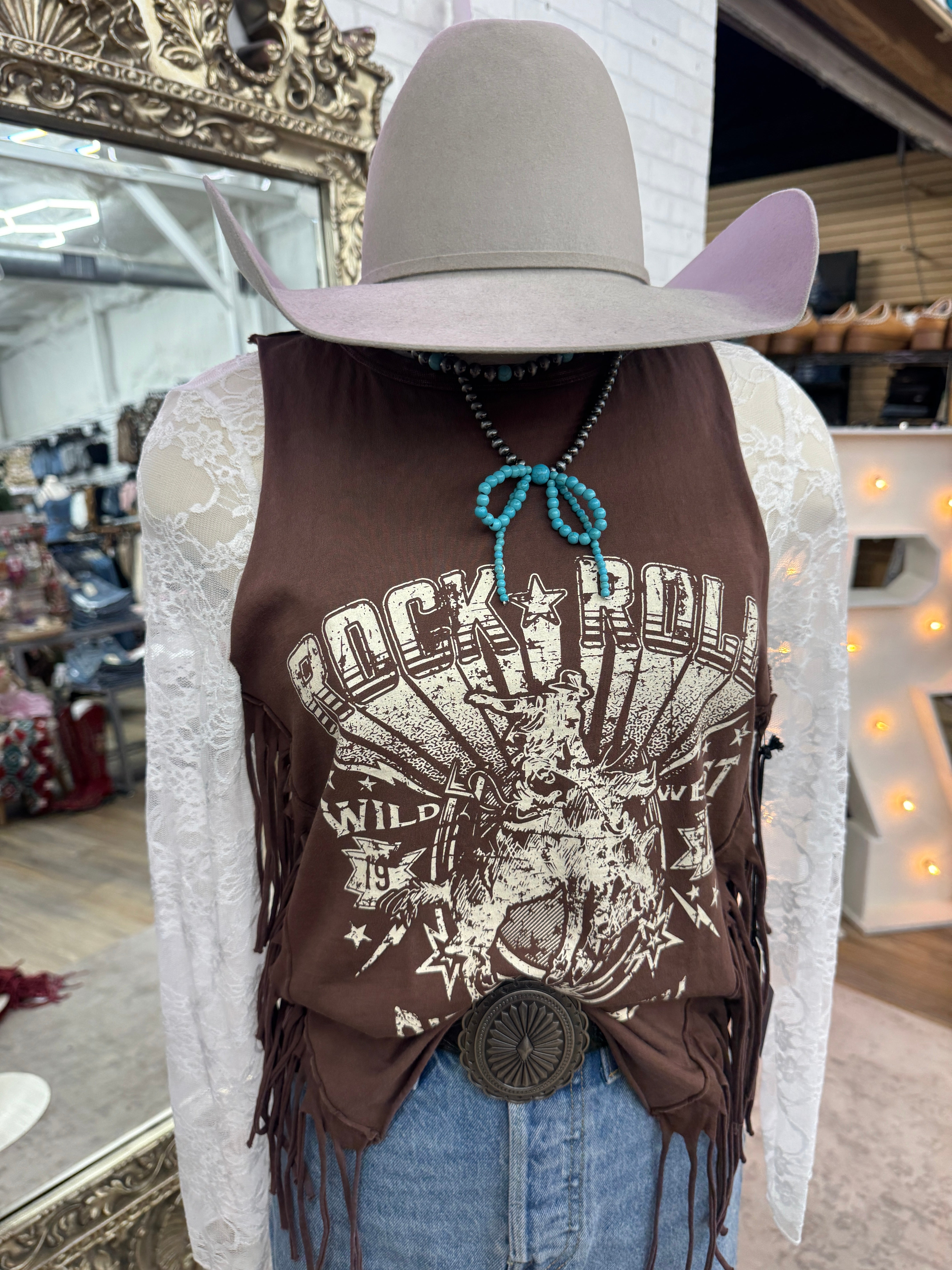 Rock and Roll Denim Chocolate Rock and Roll Women's Graphic Tank with Fringe| RRWT20R17S