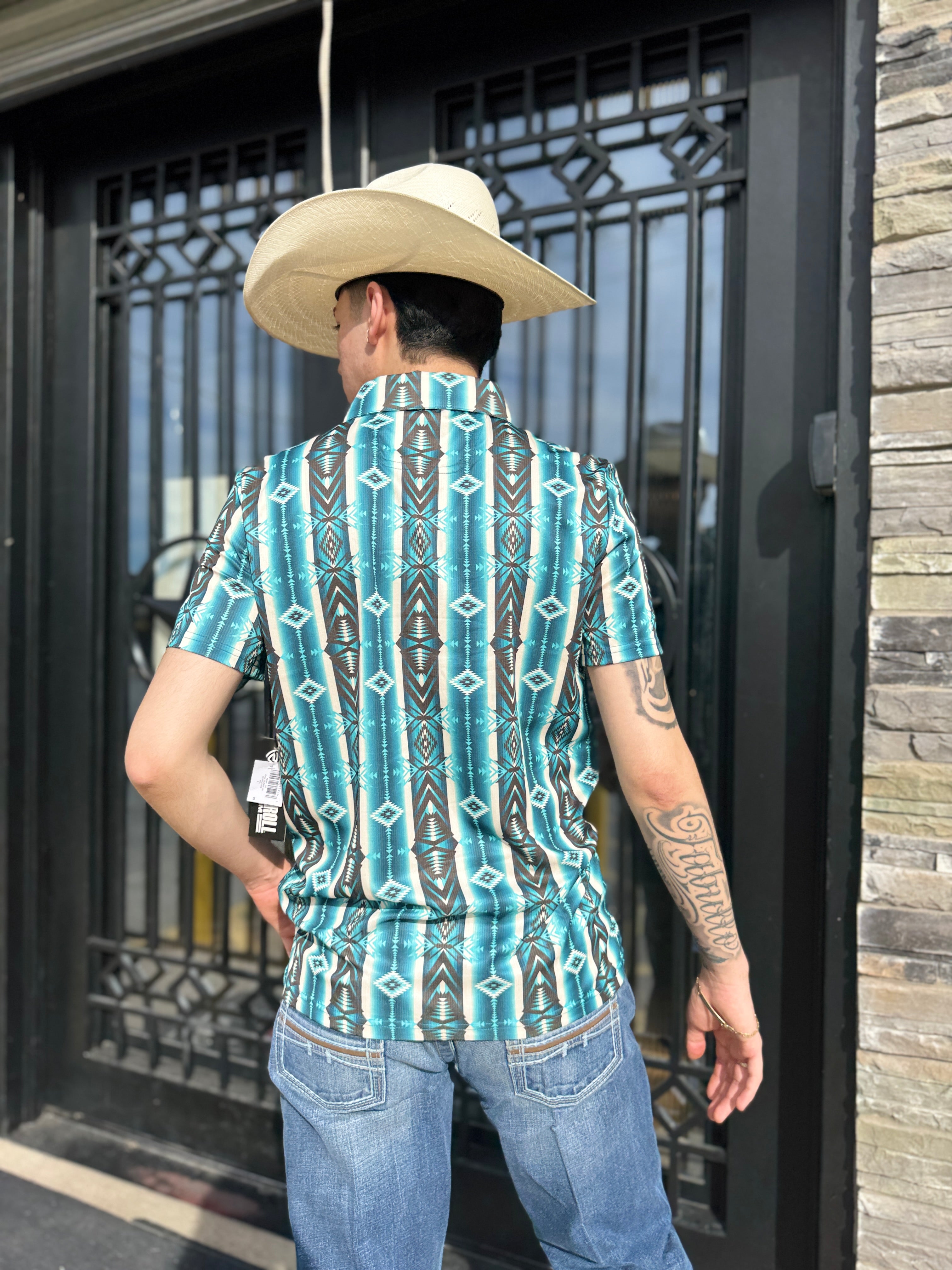 MENS ROCK & ROLL TEAL STRIPED AZTEC POLO | BM51T05026 – Botas Rojero